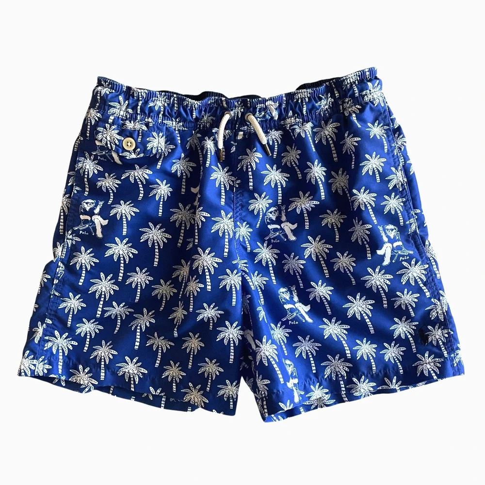 RALPH LAUREN Mens Size XS-S Blue Traveler POLO Bear Palm Trees Swim Trunks